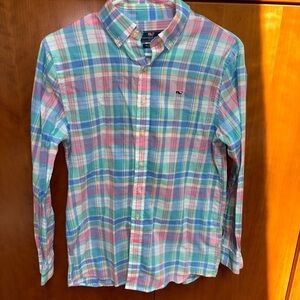 Boys Vineyard Vines Blue, Pink and Green Plaid Button Down Shirt.
